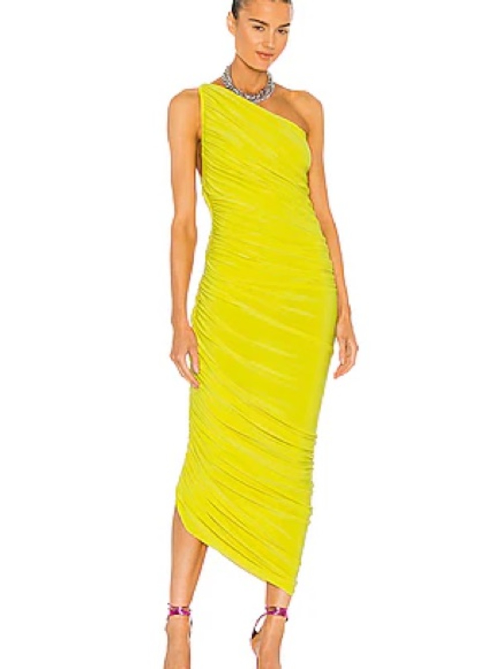 Norma Kamali Diana Dress XS Yellow Ruched One Shoulder Asymmetric NWT